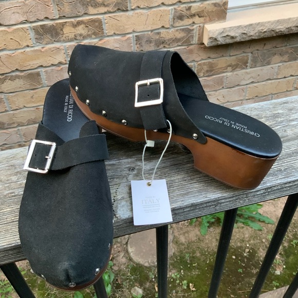 CHRISTIAN DI RICCIO Leather Black Wooden Clogs Women’s Size 10 Made in Italy NEW - Picture 8 of 16